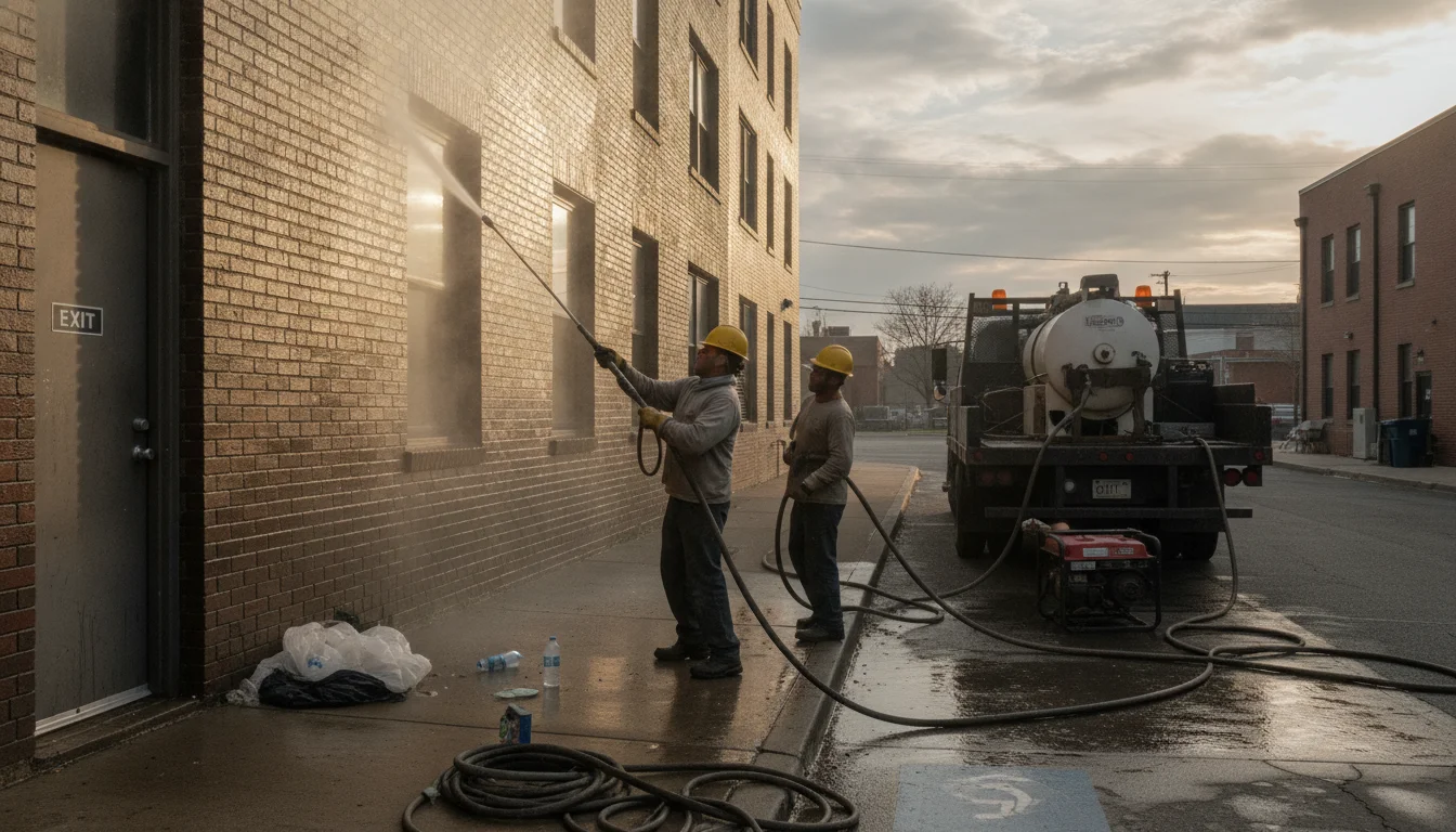 Hot-water pressure washing set to vent away from doorways, with work hours matching local Los Angeles needs