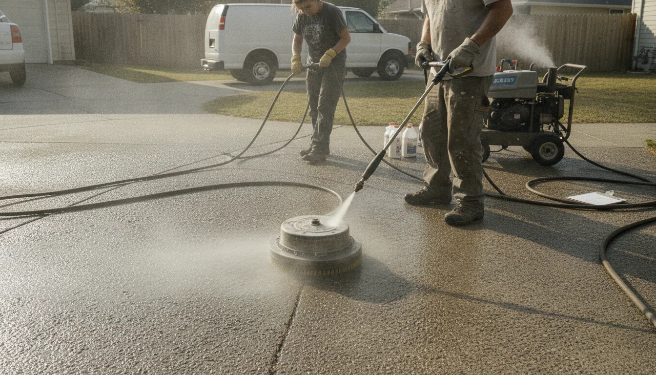 Pressure washing contractor in Los Angeles using proper nozzles and surface cleaner for safe, even results